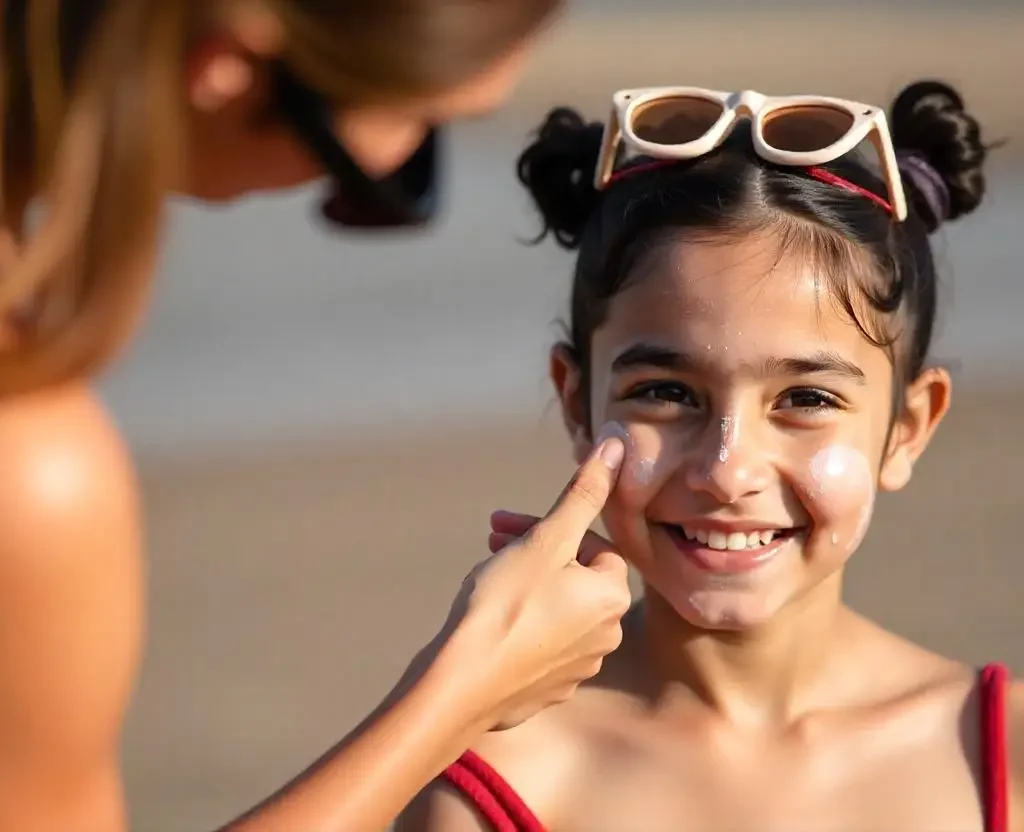 Mother applying sunscreen on her daughter's face
