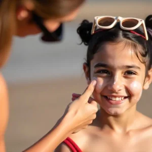 Mother applying sunscreen on her daughter's face