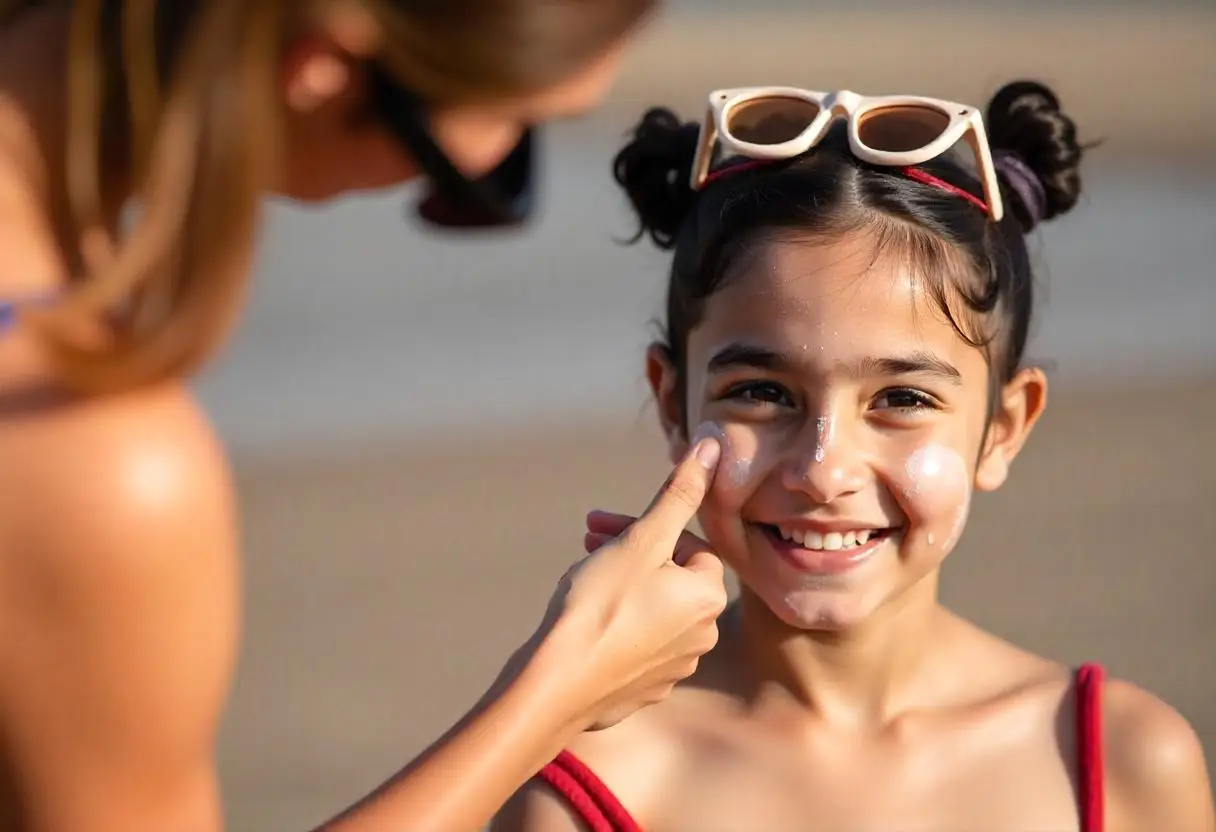 Mother applying sunscreen on her daughter's face