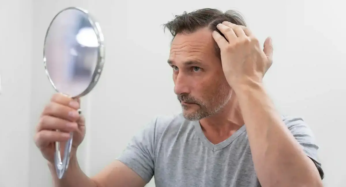 Man looking at the results after treatment for baldness